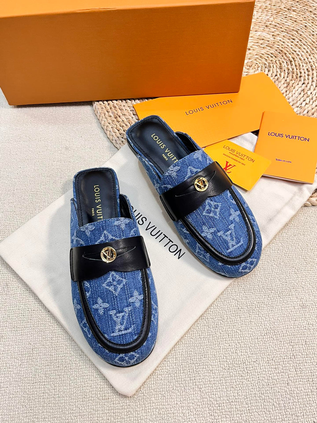 LOUIS VUITTON LV CAPRI OPEN BACK LOAFERS IN COBALT BLUE MONOGRAM DENIM