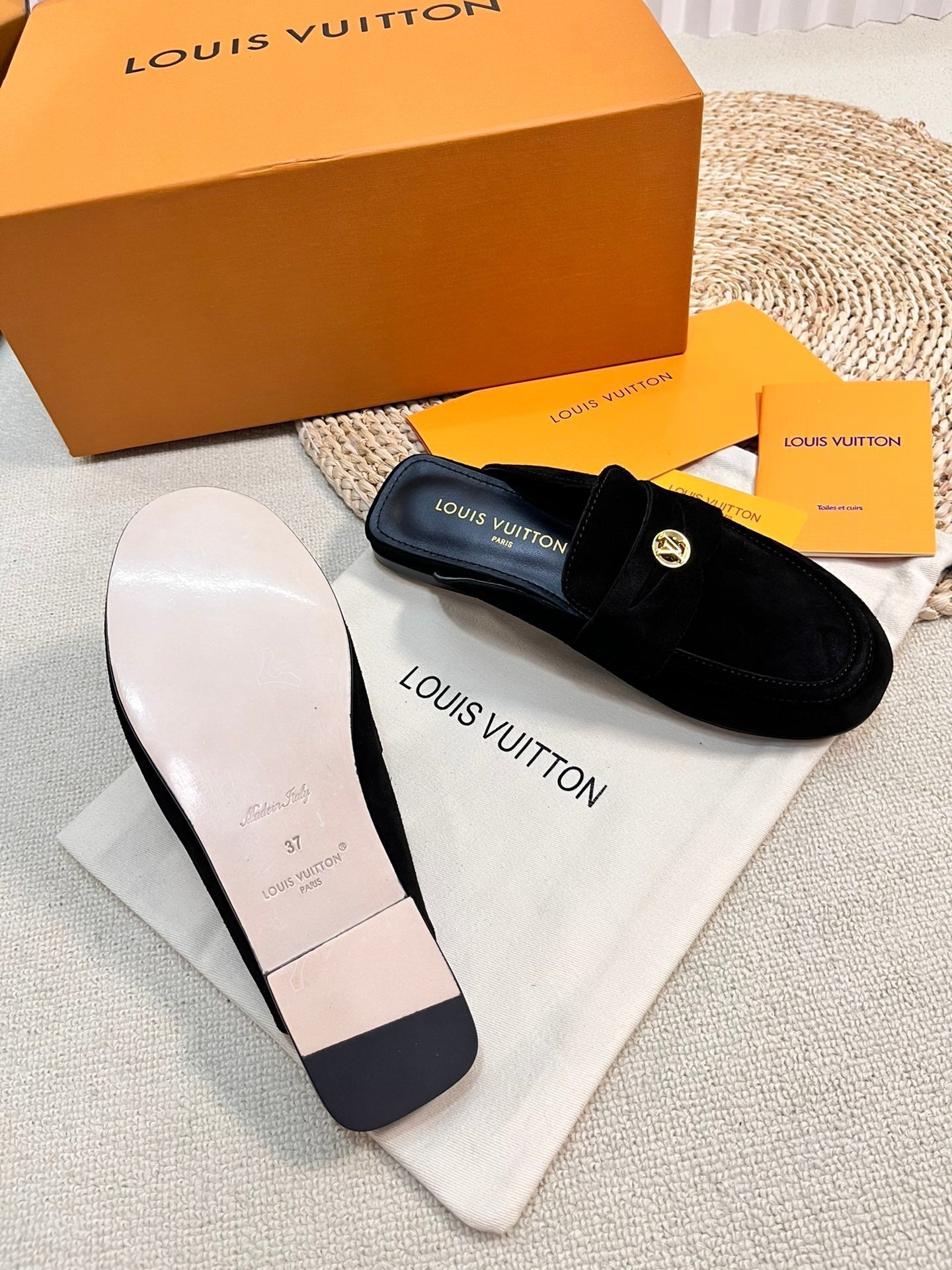LOUIS VUITTON LV CAPRI OPEN BACK LOAFERS IN BLACK SUEDE