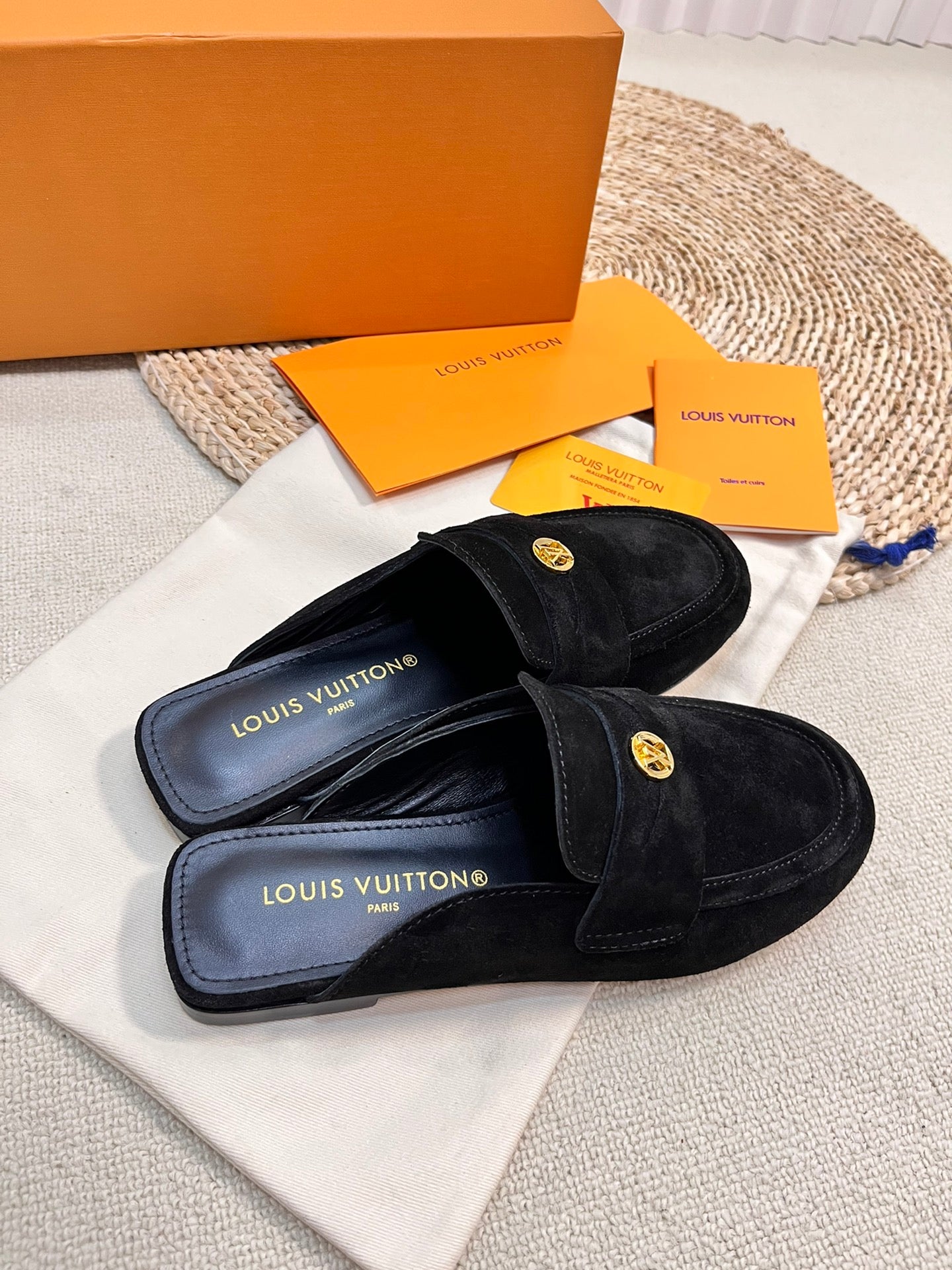 LOUIS VUITTON LV CAPRI OPEN BACK LOAFERS IN BLACK SUEDE