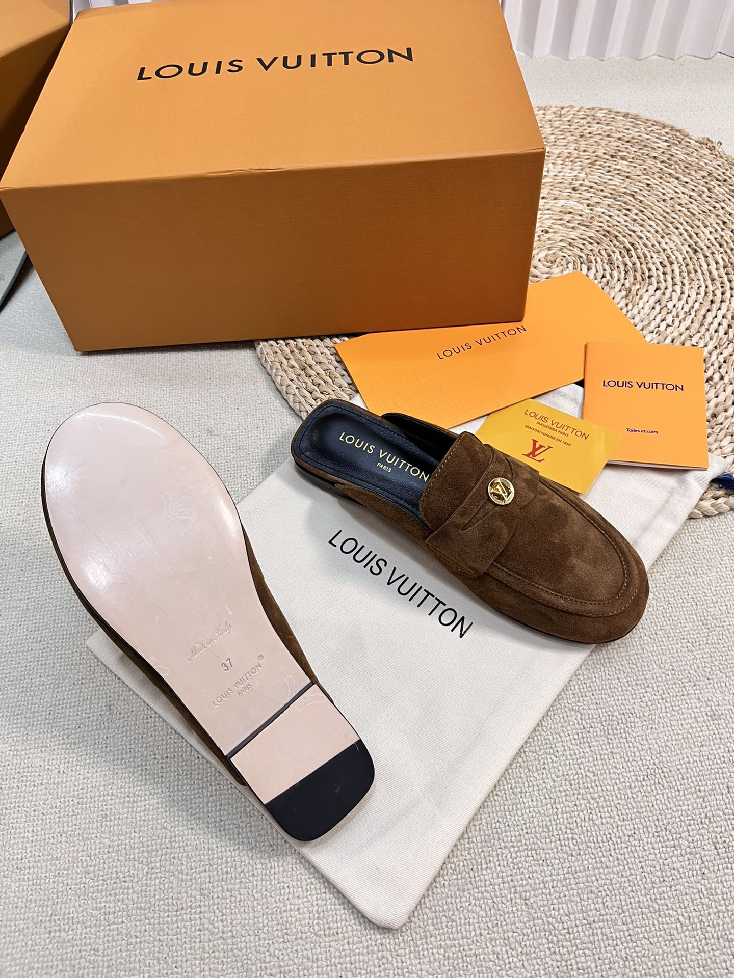 LOUIS VUITTON LV CAPRI OPEN BACK LOAFERS IN CHOCOLATE BROWN SUEDE