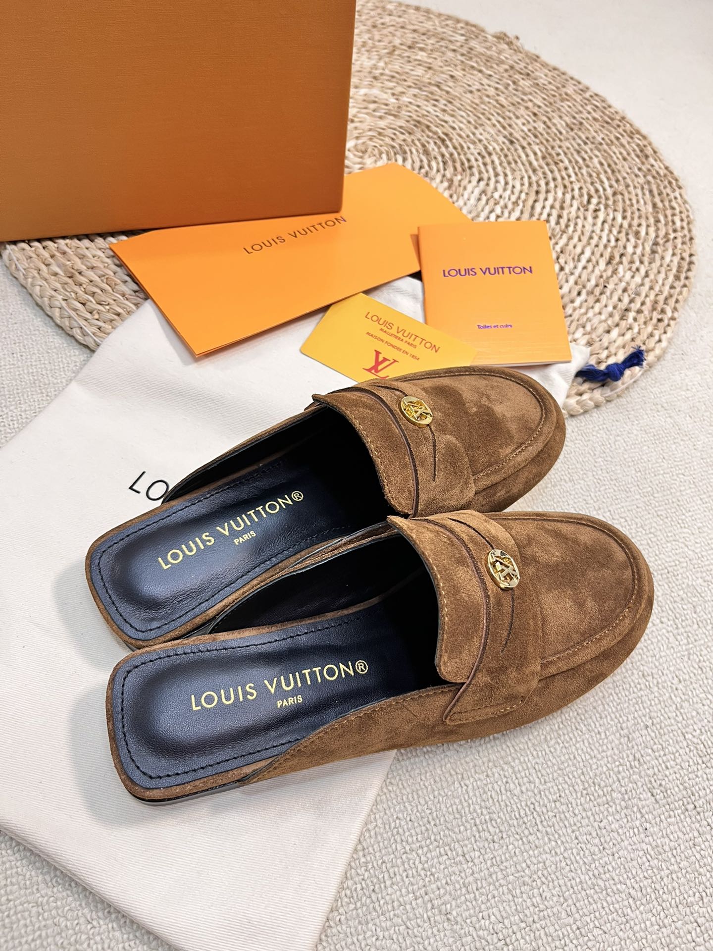 LOUIS VUITTON LV CAPRI OPEN BACK LOAFERS IN CHOCOLATE BROWN SUEDE