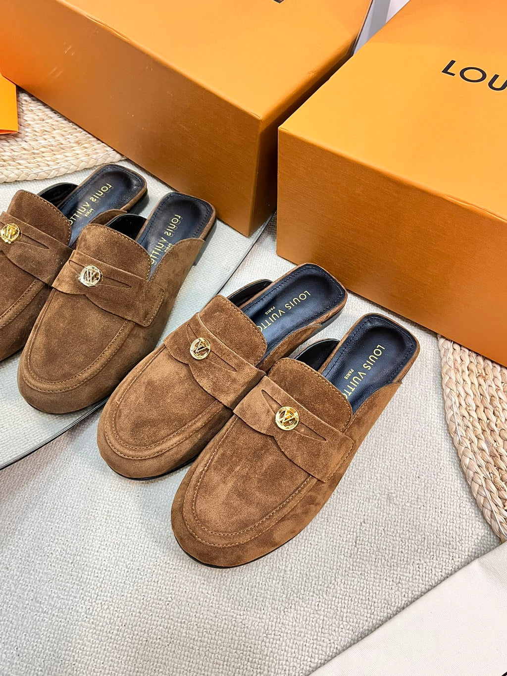 LOUIS VUITTON LV CAPRI OPEN BACK LOAFERS IN CHOCOLATE BROWN SUEDE