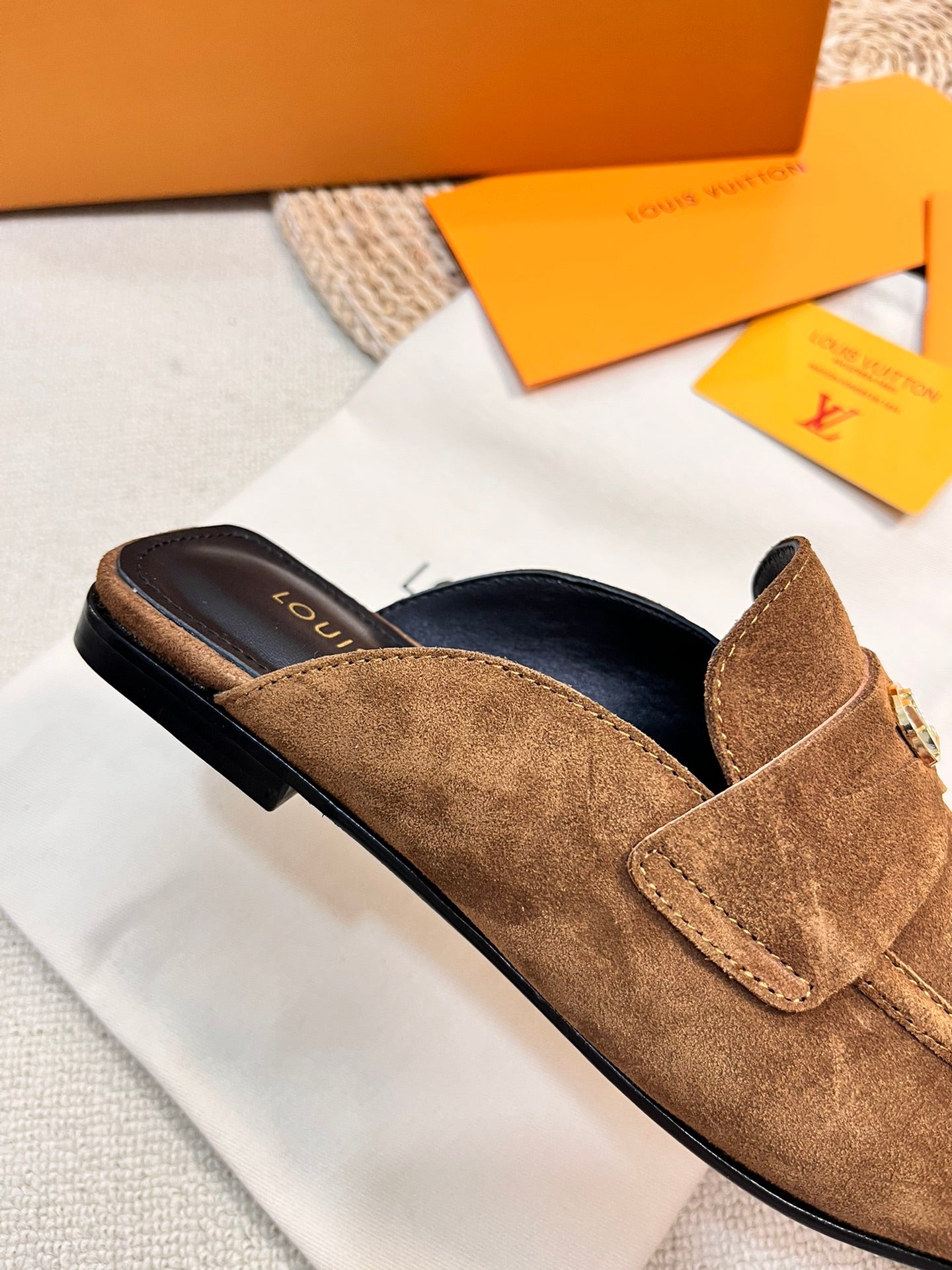 LOUIS VUITTON LV CAPRI OPEN BACK LOAFERS IN CHOCOLATE BROWN SUEDE