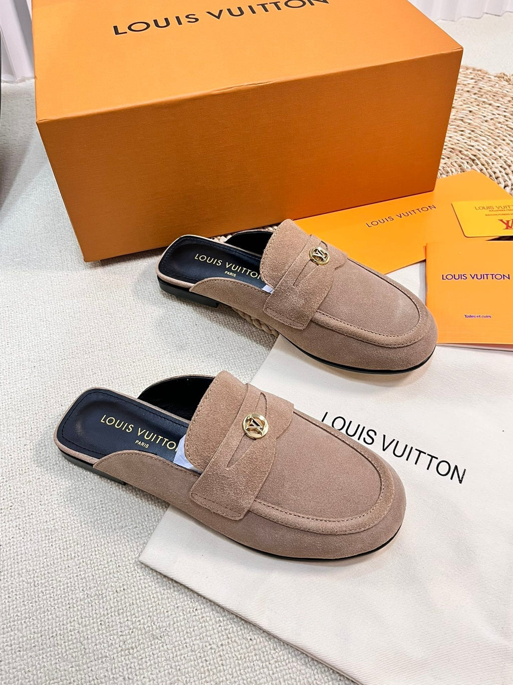 LOUIS VUITTON LV CAPRI OPEN BACK LOAFERS IN MEDIUM BROWN SUEDE