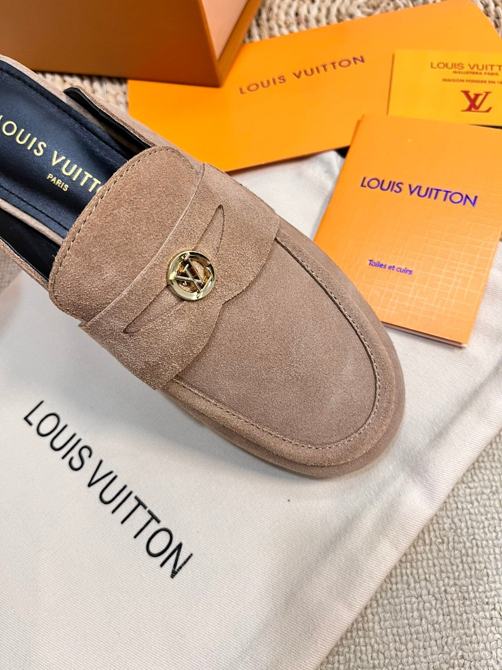 LOUIS VUITTON LV CAPRI OPEN BACK LOAFERS IN MEDIUM BROWN SUEDE