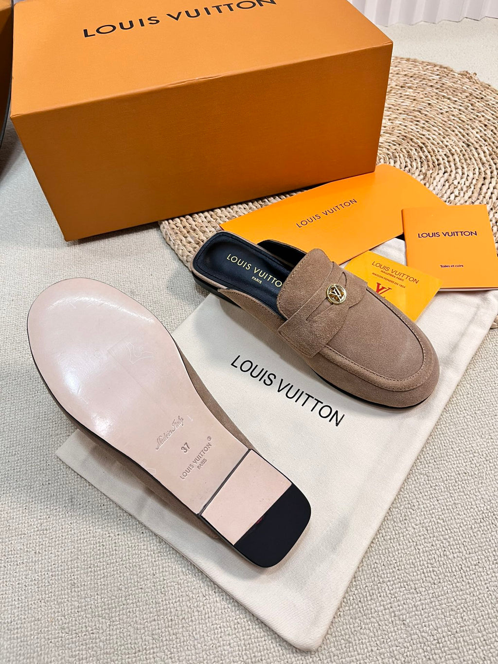 LOUIS VUITTON LV CAPRI OPEN BACK LOAFERS IN MEDIUM BROWN SUEDE