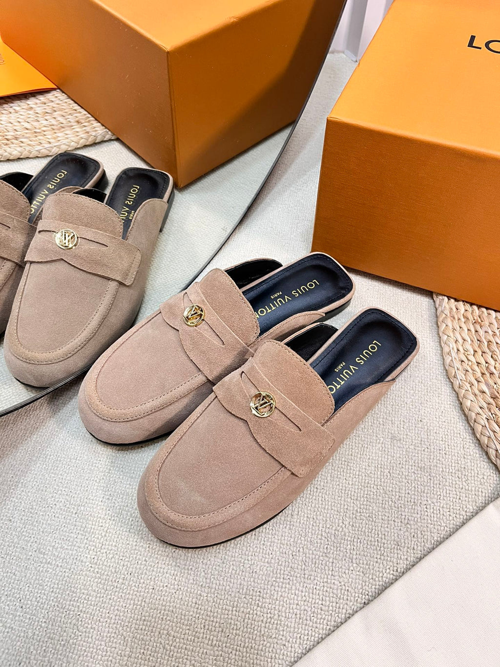 LOUIS VUITTON LV CAPRI OPEN BACK LOAFERS IN MEDIUM BROWN SUEDE