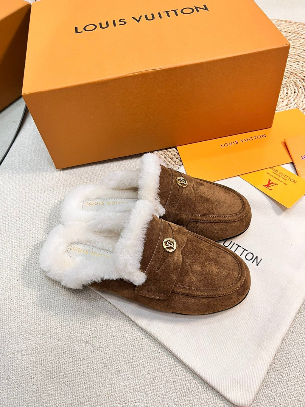 LOUIS VUITTON LV COSY FLAT COMFORT CLOG IN RUSSET BROWN SUEDE AND SHEARLING LINING