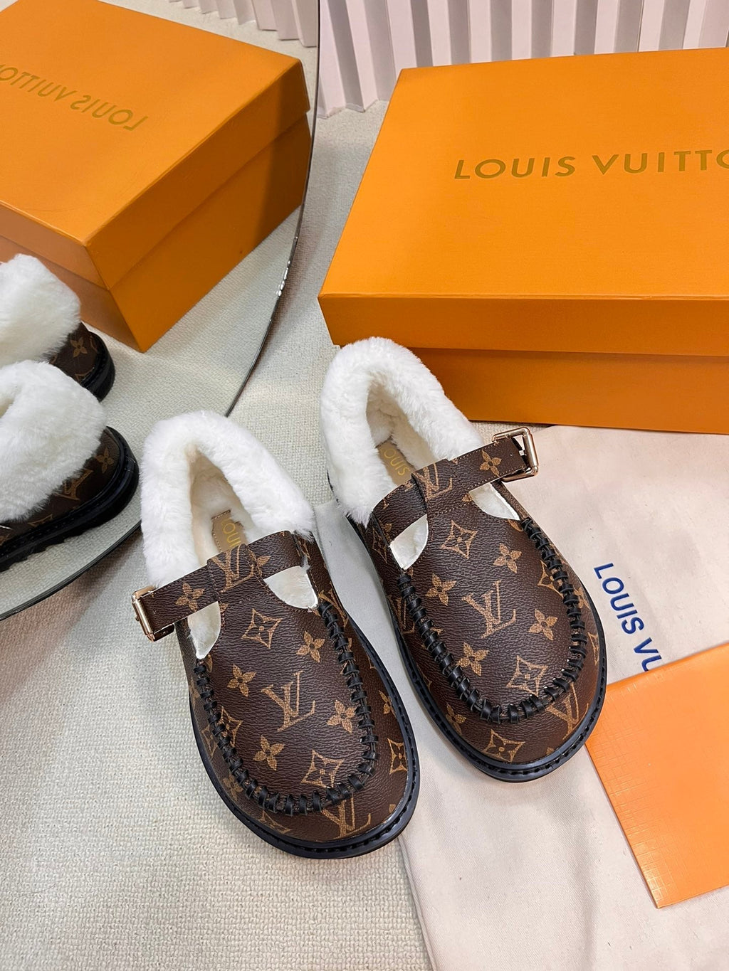 LOUIS VUITTON COLORADO COMFORT MARY JANE IN CHOCOLATE BROWN MONOGRAM CALFSKIN AND SHEARLING LINING
