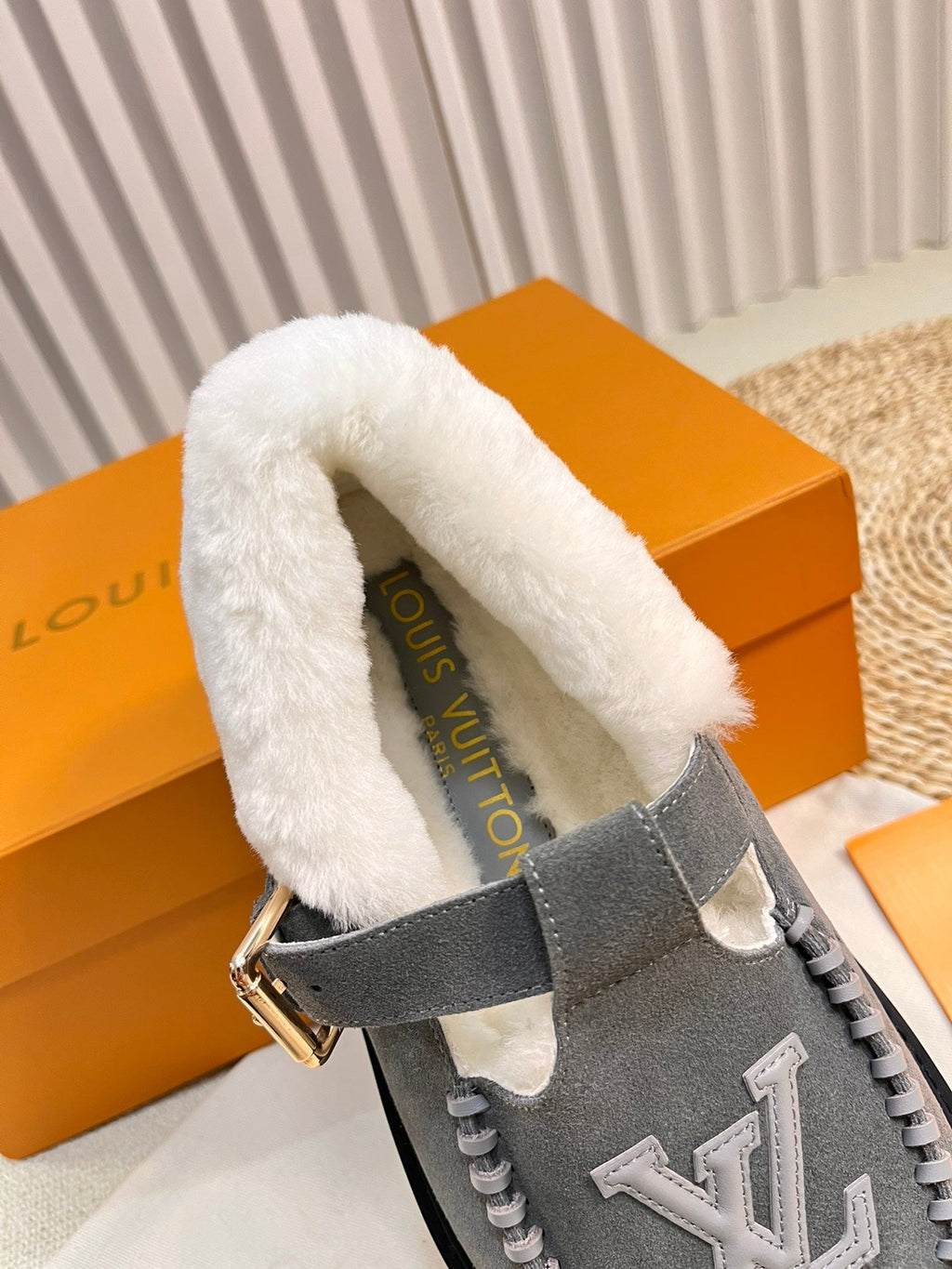 LOUIS VUITTON COLORADO COMFORT MARY JANE IN SHADOW GRAY SUEDE AND SHEARLING LINING