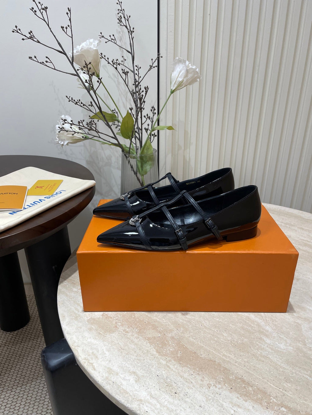 LOUIS VUITTON POINTED-TOE TRIPLE-STRAP BALLET FLAT IN BLACK PATENT CALFSKIN