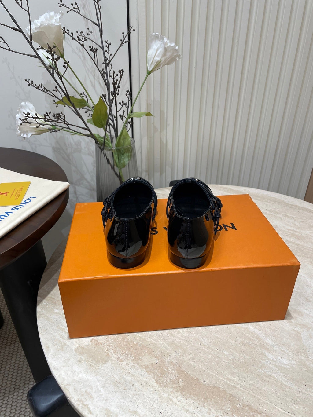 LOUIS VUITTON POINTED-TOE TRIPLE-STRAP BALLET FLAT IN BLACK PATENT CALFSKIN