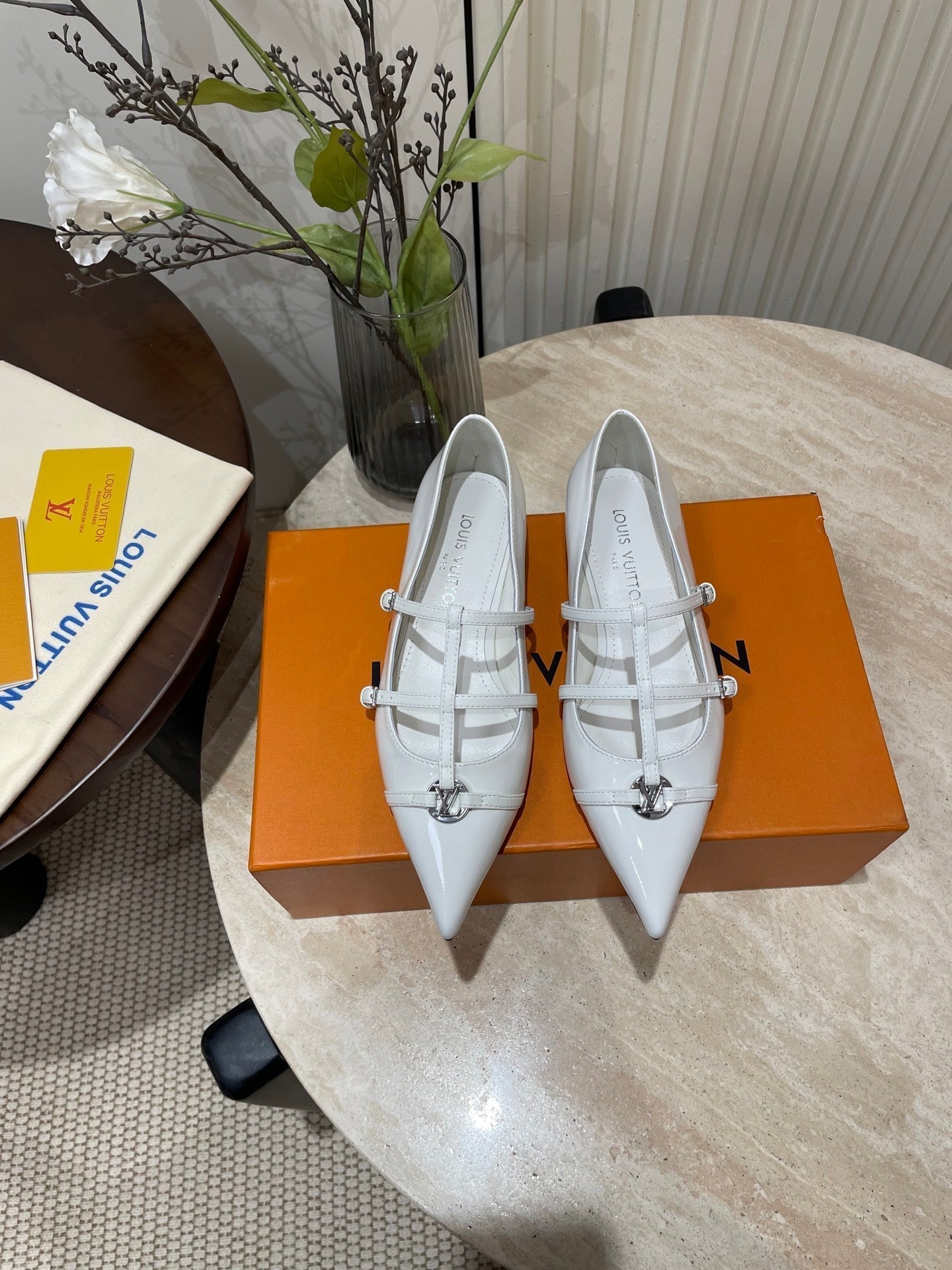 LOUIS VUITTON POINTED-TOE TRIPLE-STRAP BALLET FLAT IN WHITE PATENT CALFSKIN