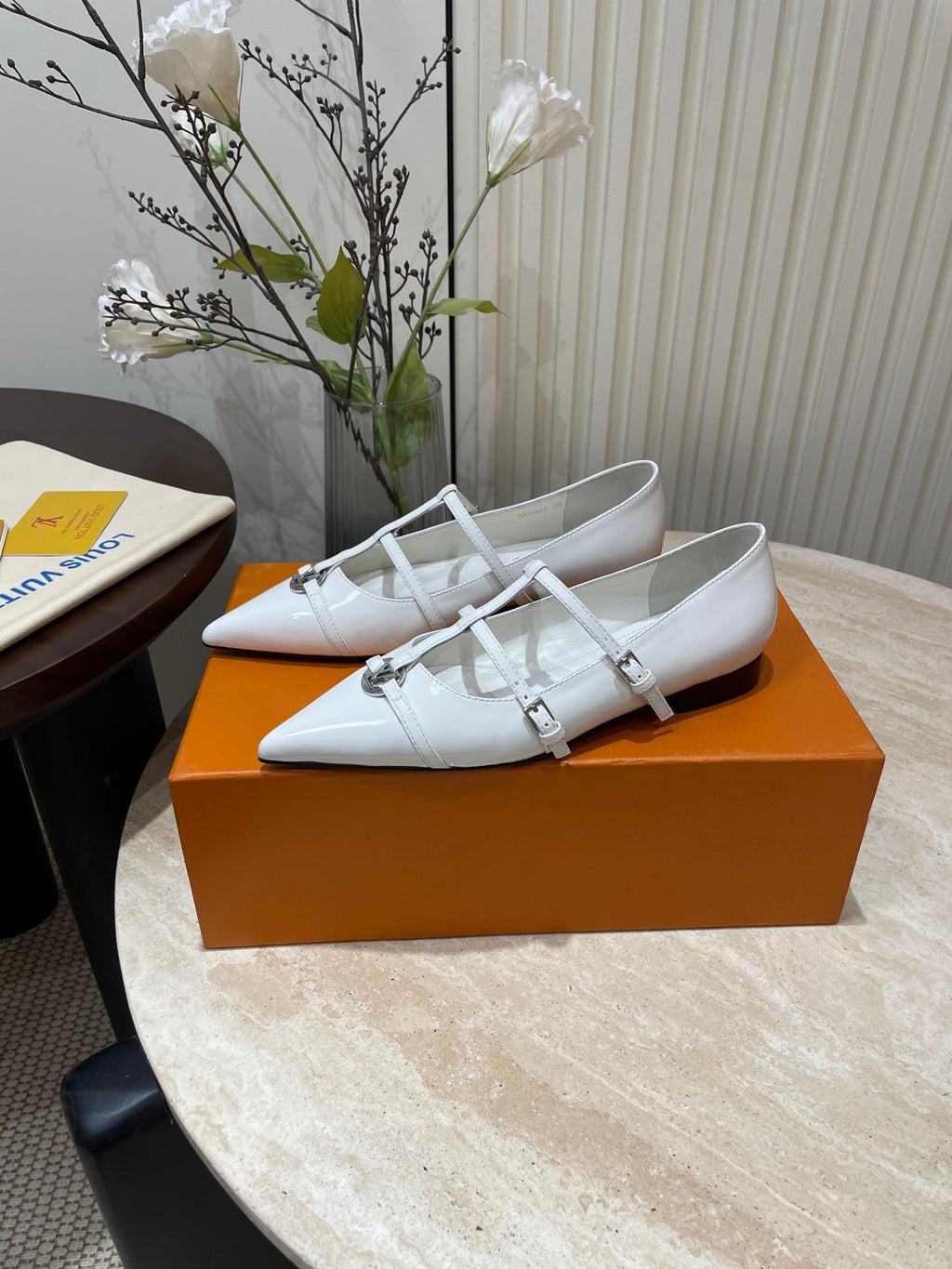 LOUIS VUITTON POINTED-TOE TRIPLE-STRAP BALLET FLAT IN WHITE PATENT CALFSKIN