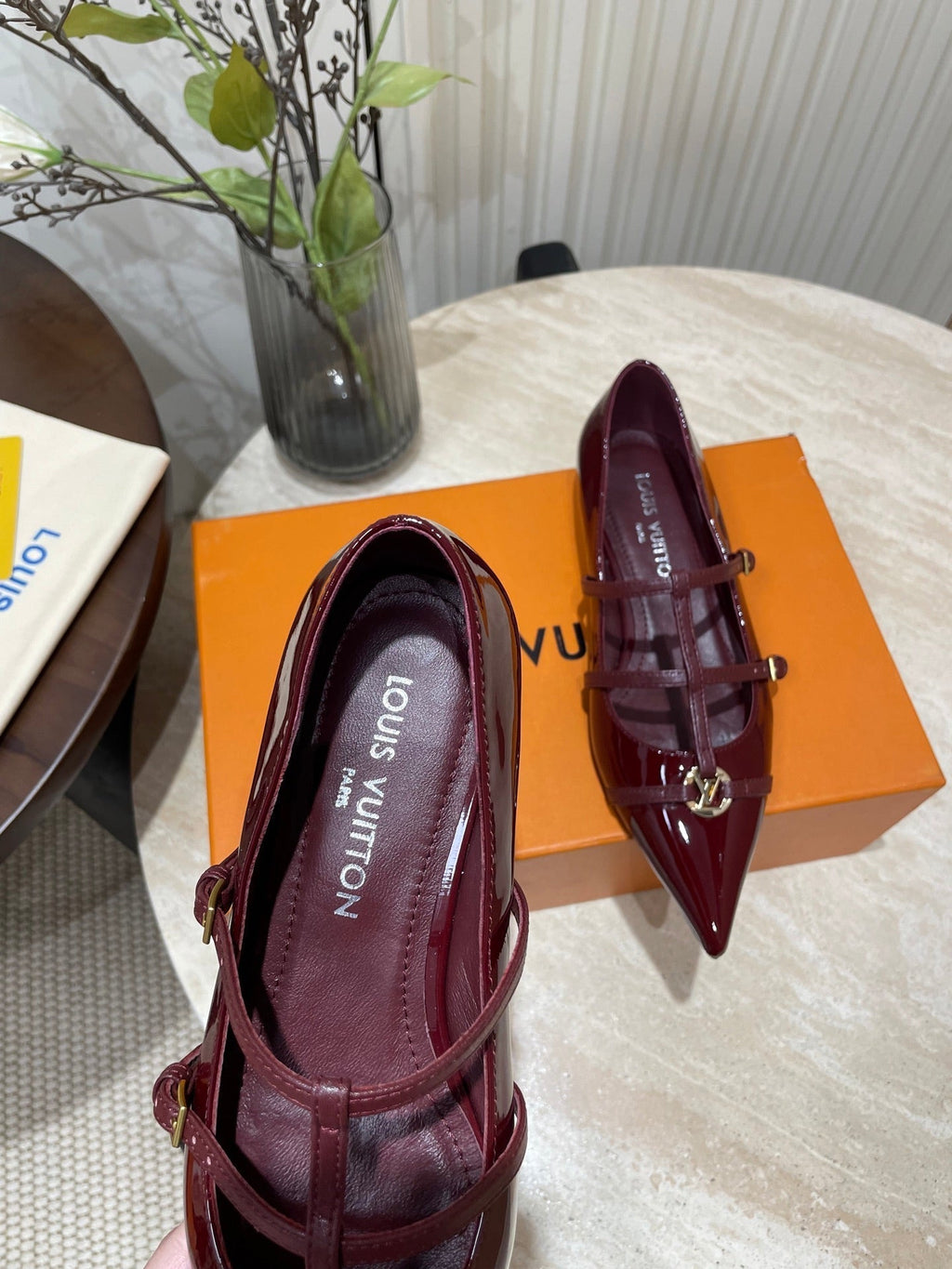 LOUIS VUITTON POINTED-TOE TRIPLE-STRAP BALLET FLAT IN BURGUNDY RED PATENT CALFSKIN