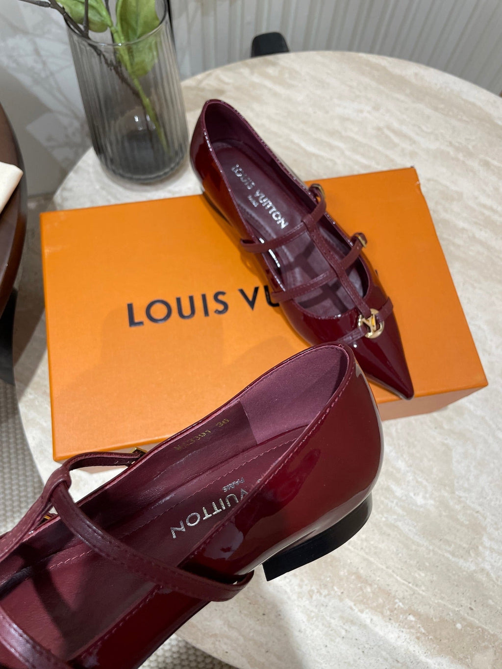LOUIS VUITTON POINTED-TOE TRIPLE-STRAP BALLET FLAT IN BURGUNDY RED PATENT CALFSKIN