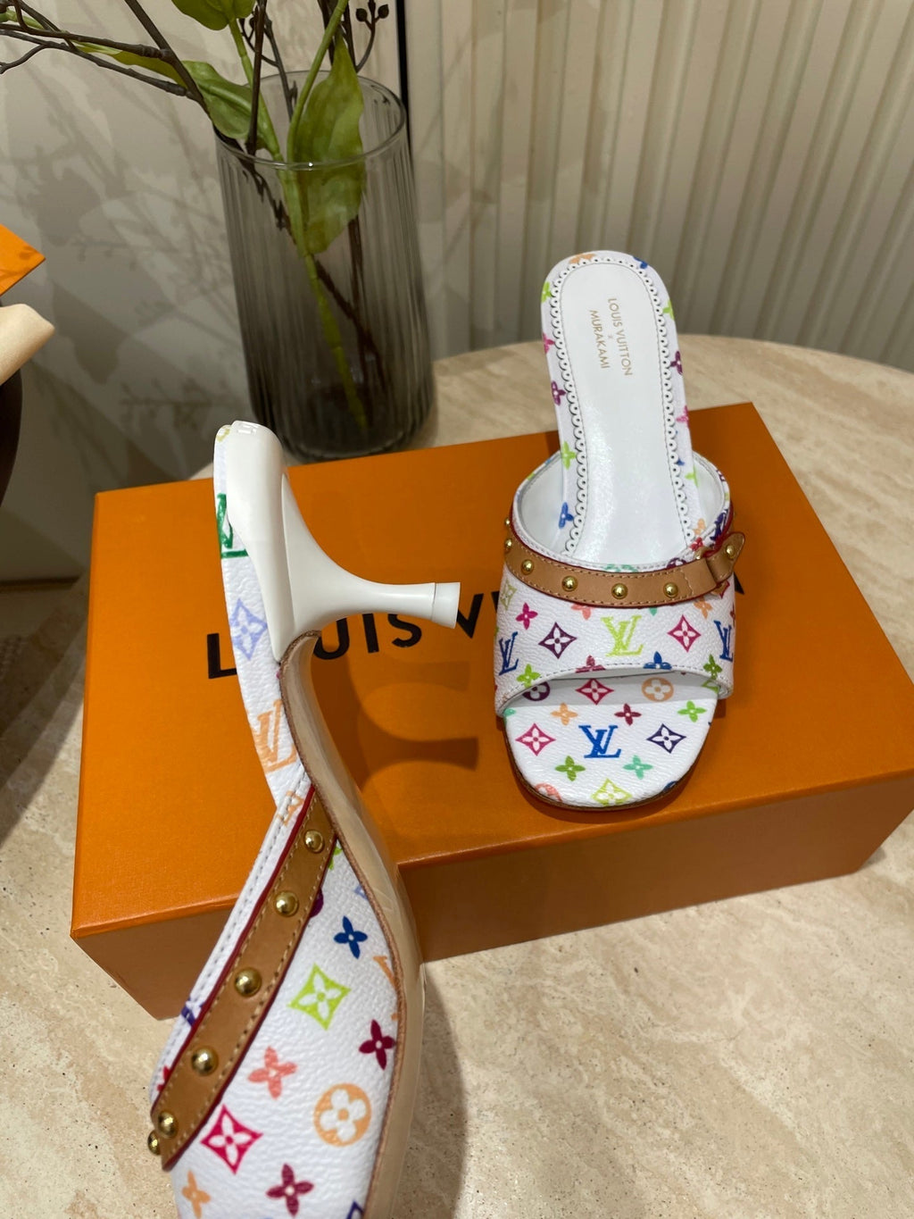 LOUIS VUITTON HIGH 5 CM MULES IN WHITE MONOGRAM LAMBSKIN