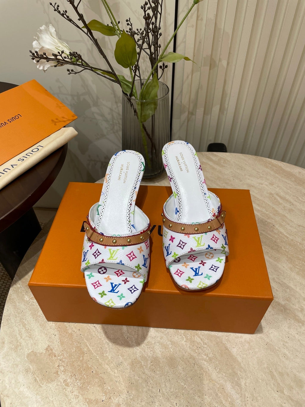 LOUIS VUITTON HIGH 5 CM MULES IN WHITE MONOGRAM LAMBSKIN
