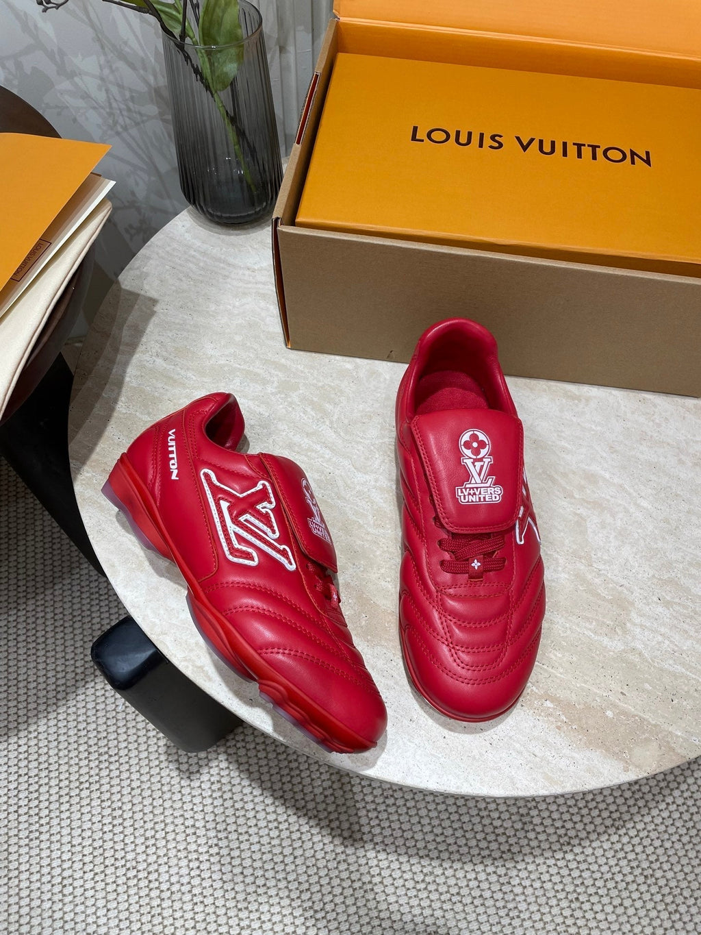 LOUIS VUITTON FOOTPRINT SOCCER SNEAKER IN CHERRY RED CALFSKIN