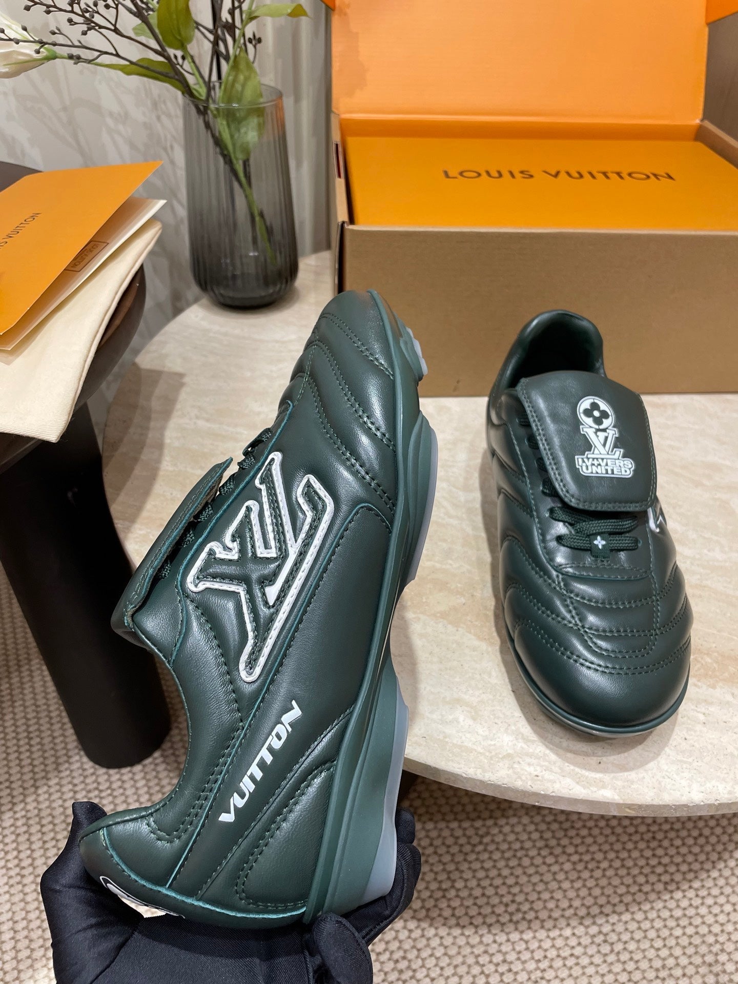 LOUIS VUITTON FOOTPRINT SOCCER SNEAKER IN FOREST GREEN CALFSKIN