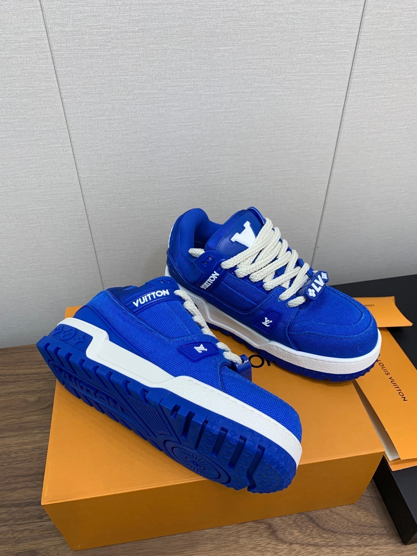 LOUIS VUITTON LV WOMEN'S TRAINER IN COBALT BLUE JACQUARD AND CALFSKIN