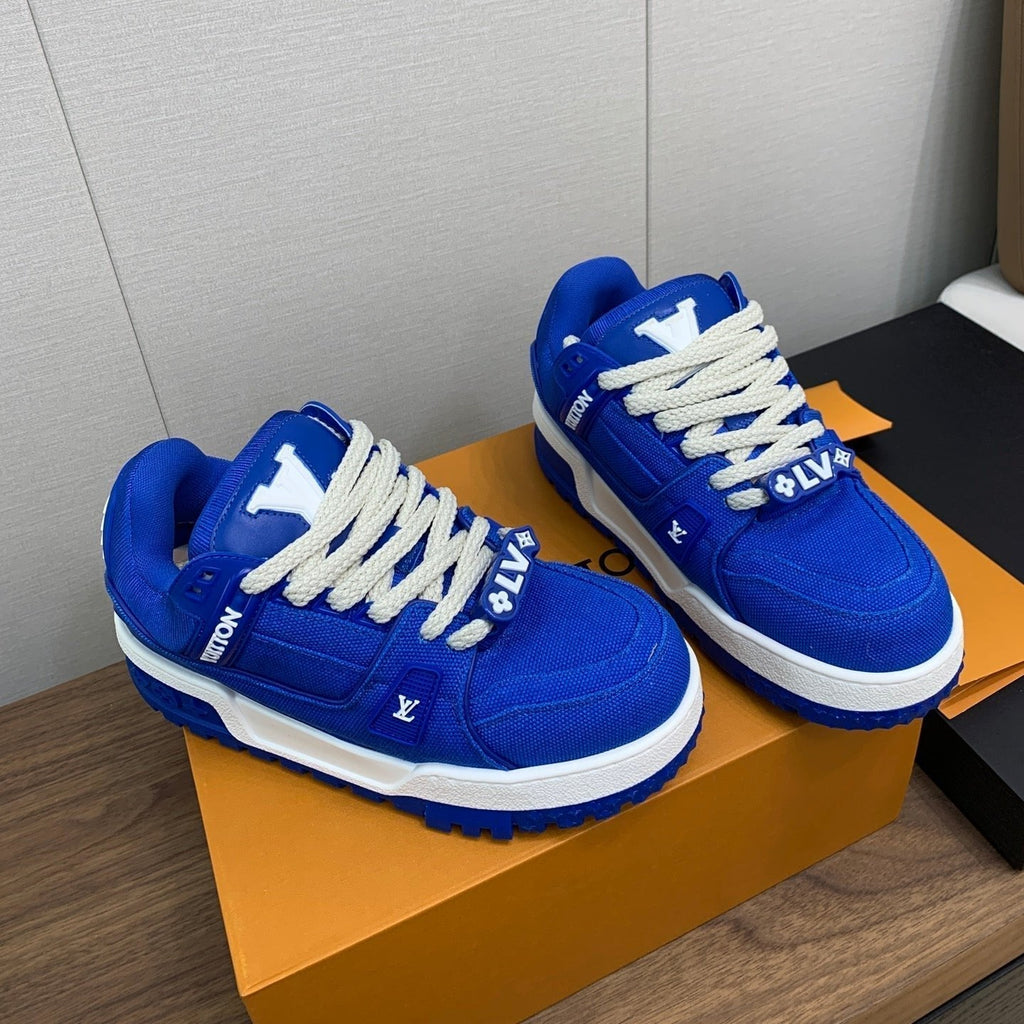 LOUIS VUITTON LV WOMEN'S TRAINER IN COBALT BLUE JACQUARD AND CALFSKIN