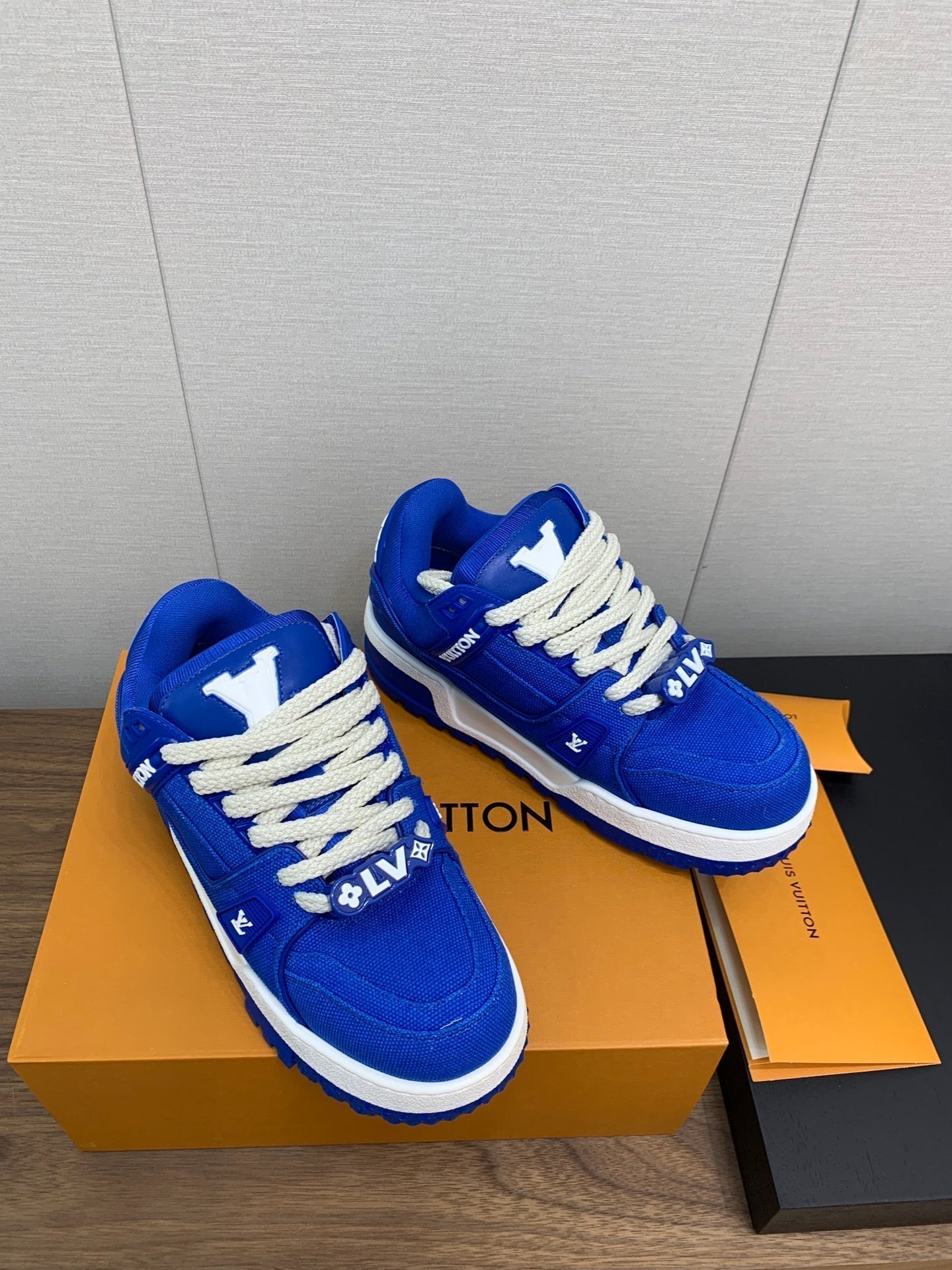 LOUIS VUITTON LV WOMEN'S TRAINER IN COBALT BLUE JACQUARD AND CALFSKIN
