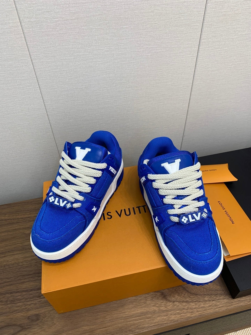 LOUIS VUITTON LV WOMEN'S TRAINER IN COBALT BLUE JACQUARD AND CALFSKIN