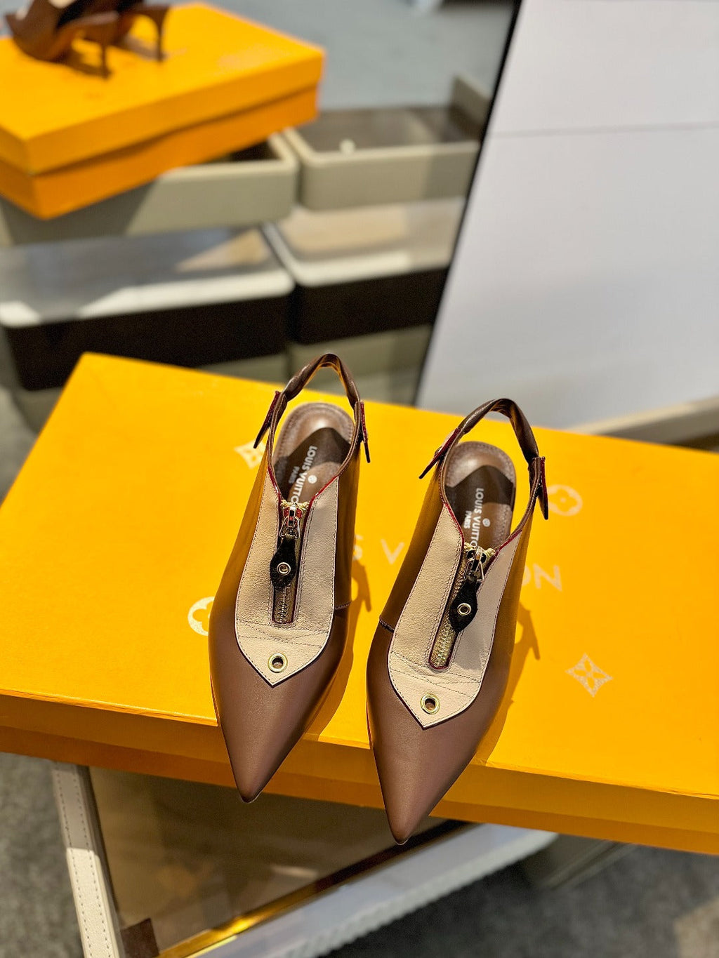 LOUIS VUITTON ALLURE HIGH 8 CM SLINGBACK IN CHOCOLATE MIX SAND BROWN CALFSKIN