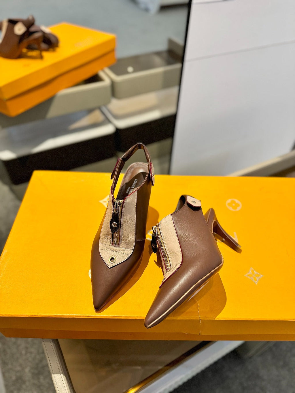 LOUIS VUITTON ALLURE HIGH 8 CM SLINGBACK IN CHOCOLATE MIX SAND BROWN CALFSKIN