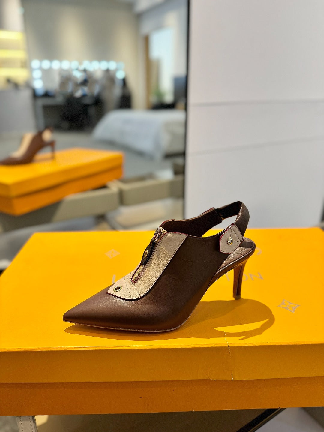 LOUIS VUITTON ALLURE HIGH 8 CM SLINGBACK IN CHOCOLATE MIX SAND BROWN CALFSKIN
