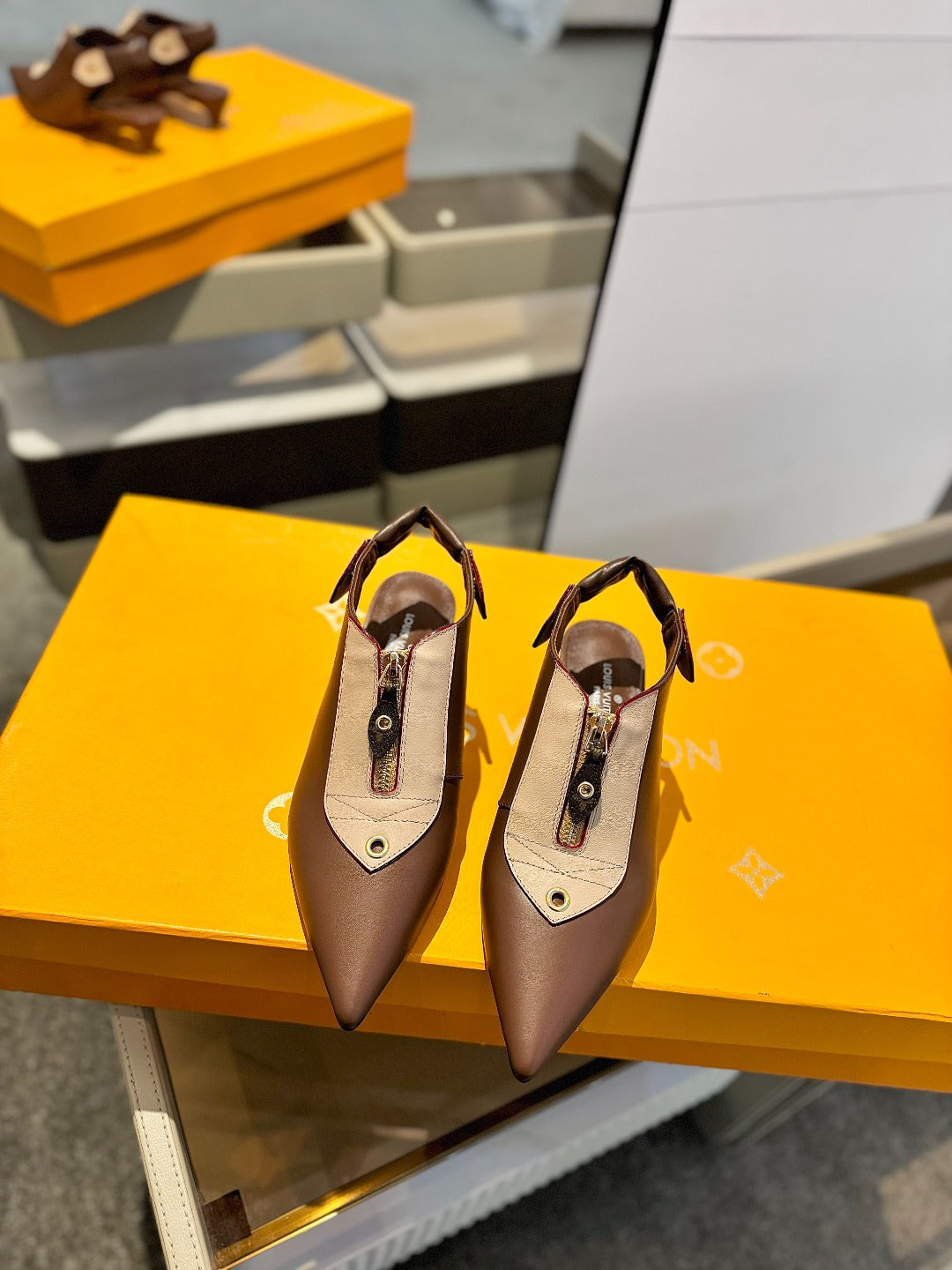 LOUIS VUITTON ALLURE HIGH 4.5 CM SLINGBACK IN CHOCOLATE MIX SAND BROWN CALFSKIN