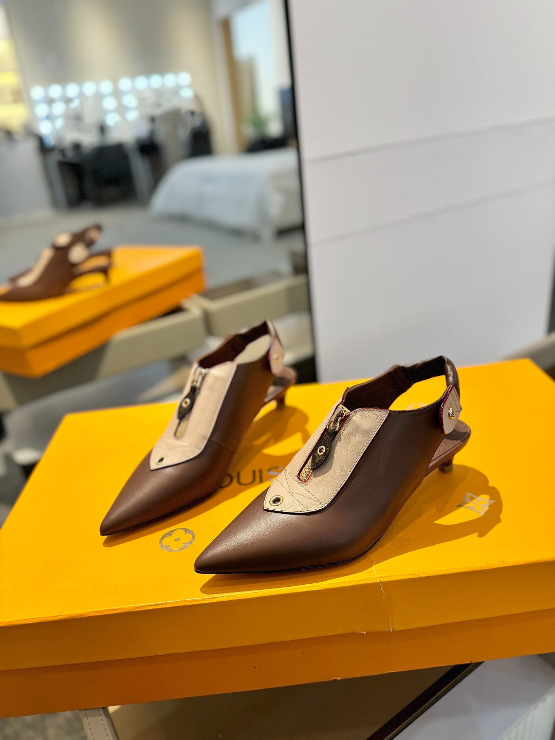 LOUIS VUITTON ALLURE HIGH 4.5 CM SLINGBACK IN CHOCOLATE MIX SAND BROWN CALFSKIN
