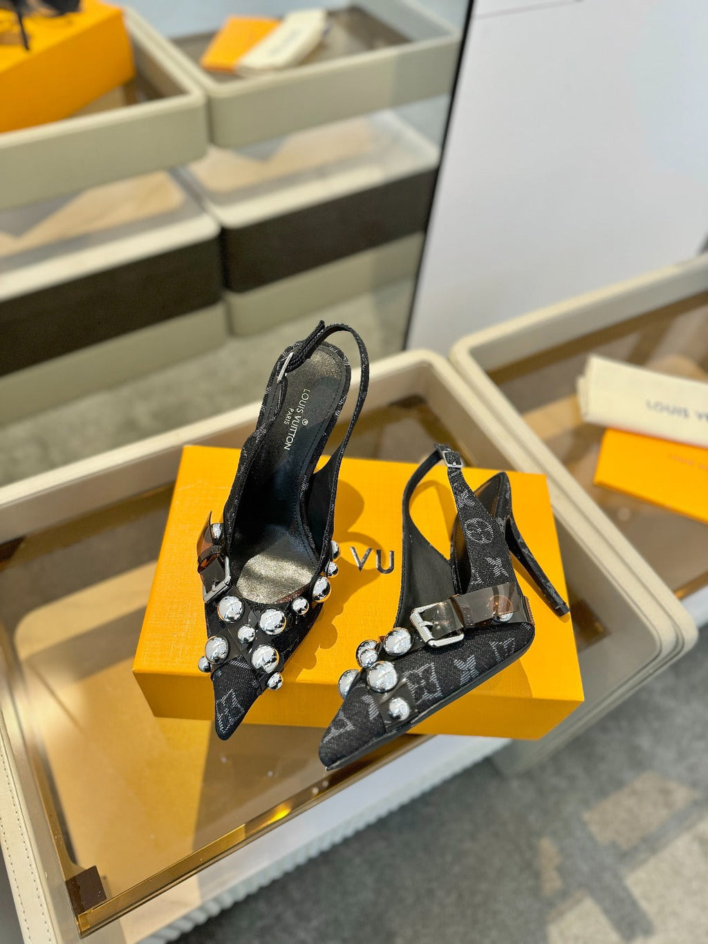 LOUIS VUITTON HIGH HEELS 95 MM IN BLACK MONOGRAM DENIM WITH CRYSTALS