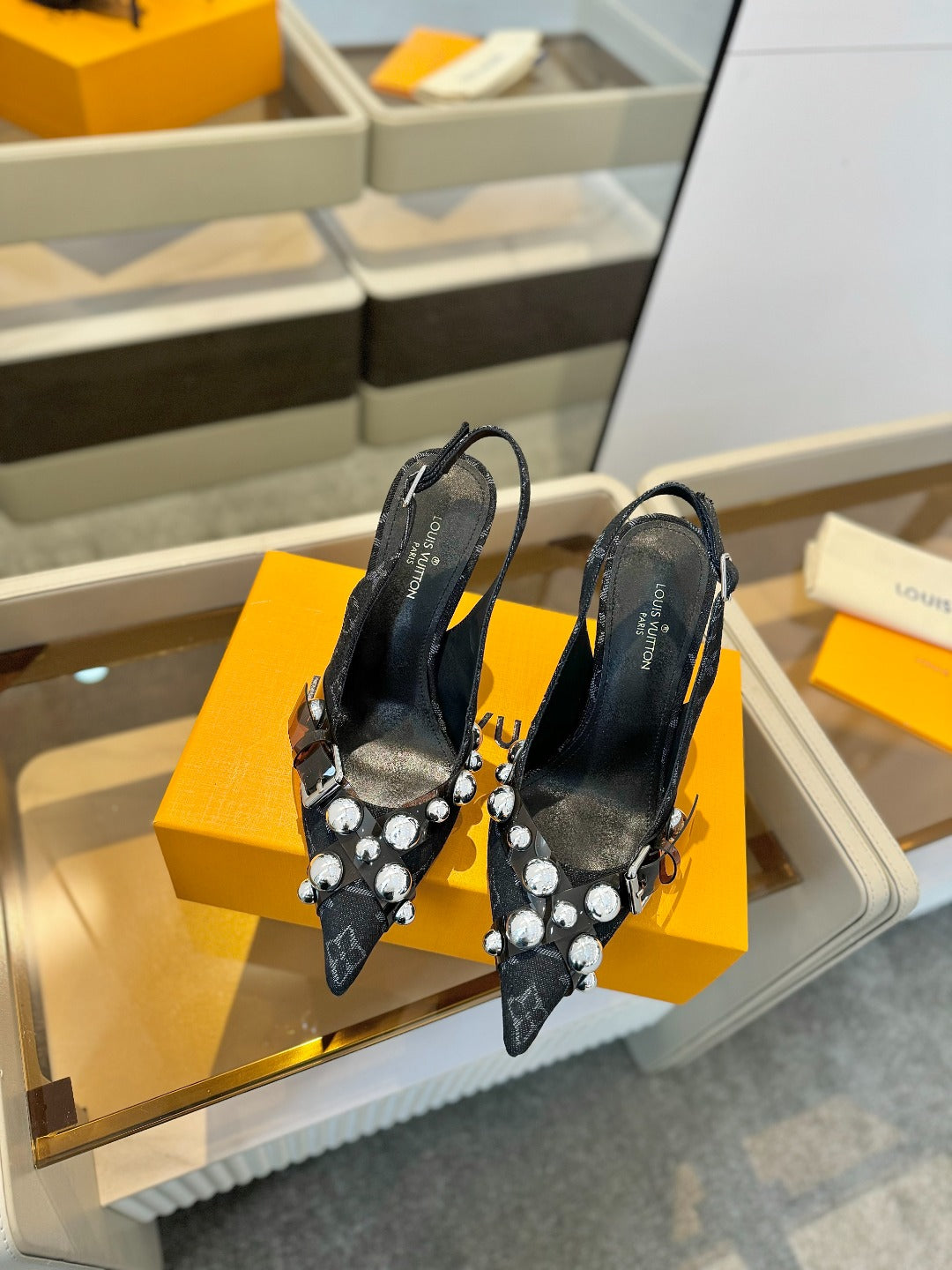 LOUIS VUITTON HIGH HEELS 95 MM IN BLACK MONOGRAM DENIM WITH CRYSTALS
