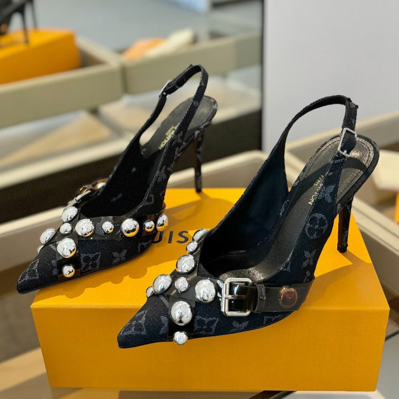 LOUIS VUITTON HIGH HEELS 95 MM IN BLACK MONOGRAM DENIM WITH CRYSTALS