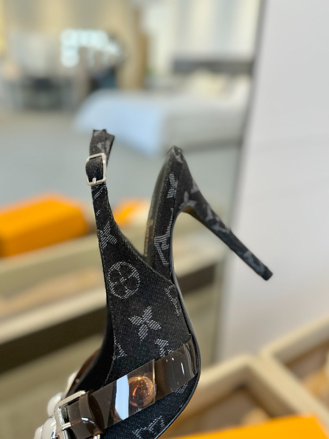 LOUIS VUITTON HIGH HEELS 95 MM IN BLACK MONOGRAM DENIM WITH CRYSTALS