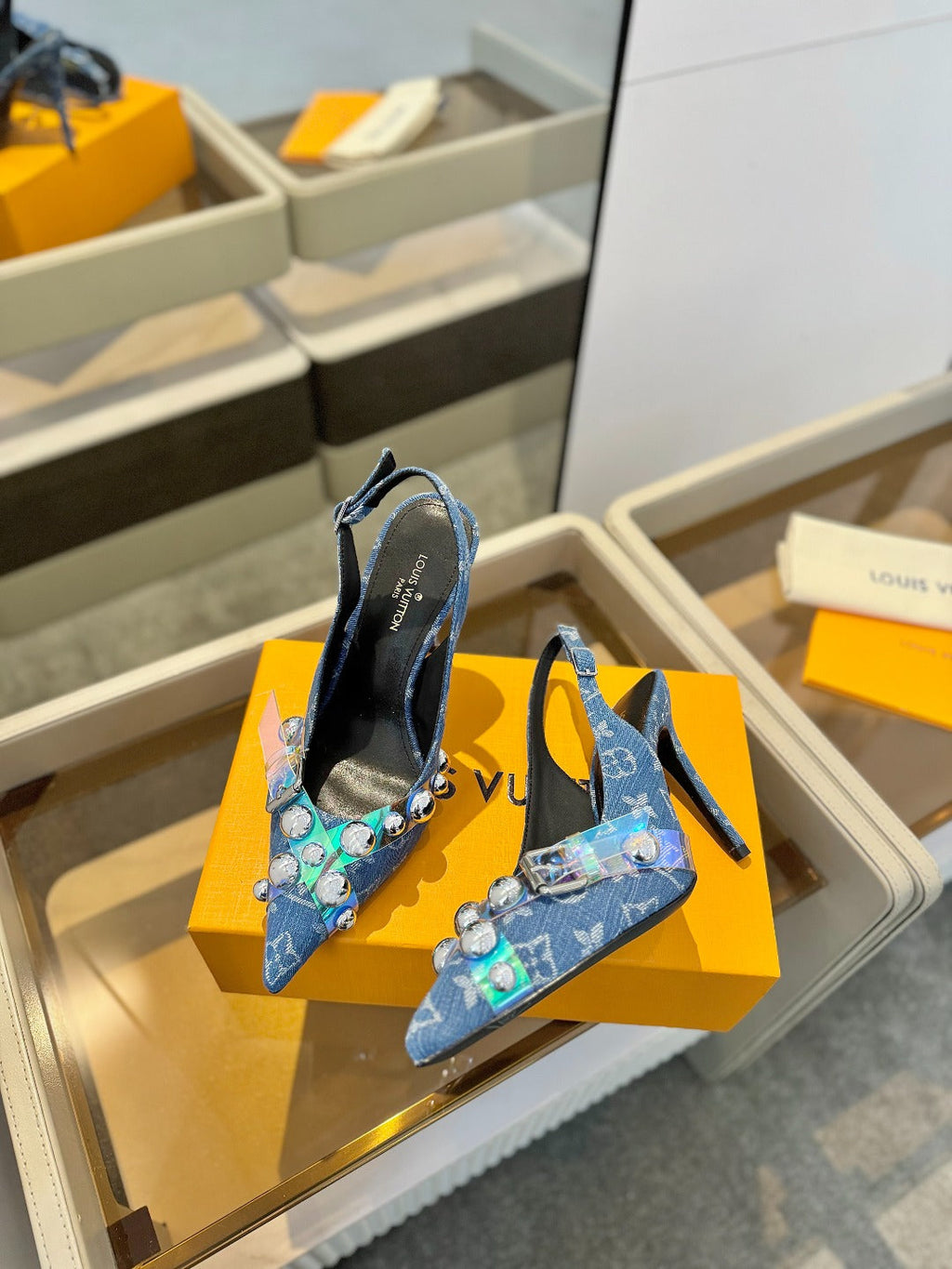 LOUIS VUITTON HIGH HEELS 95 MM IN CLASSIC BLUE MONOGRAM DENIM WITH CRYSTALS
