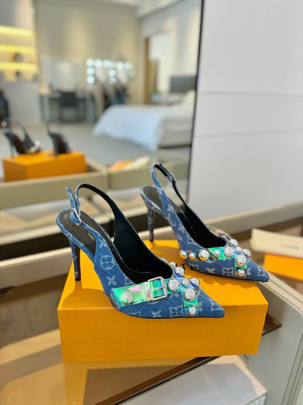LOUIS VUITTON HIGH HEELS 95 MM IN CLASSIC BLUE MONOGRAM DENIM WITH CRYSTALS