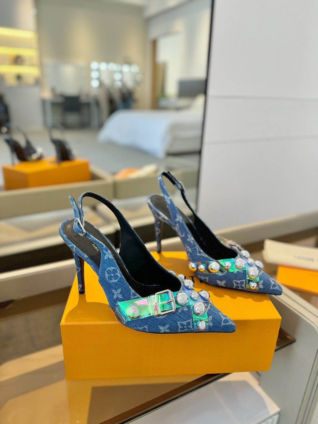 LOUIS VUITTON HIGH HEELS 95 MM IN CLASSIC BLUE MONOGRAM DENIM WITH CRYSTALS