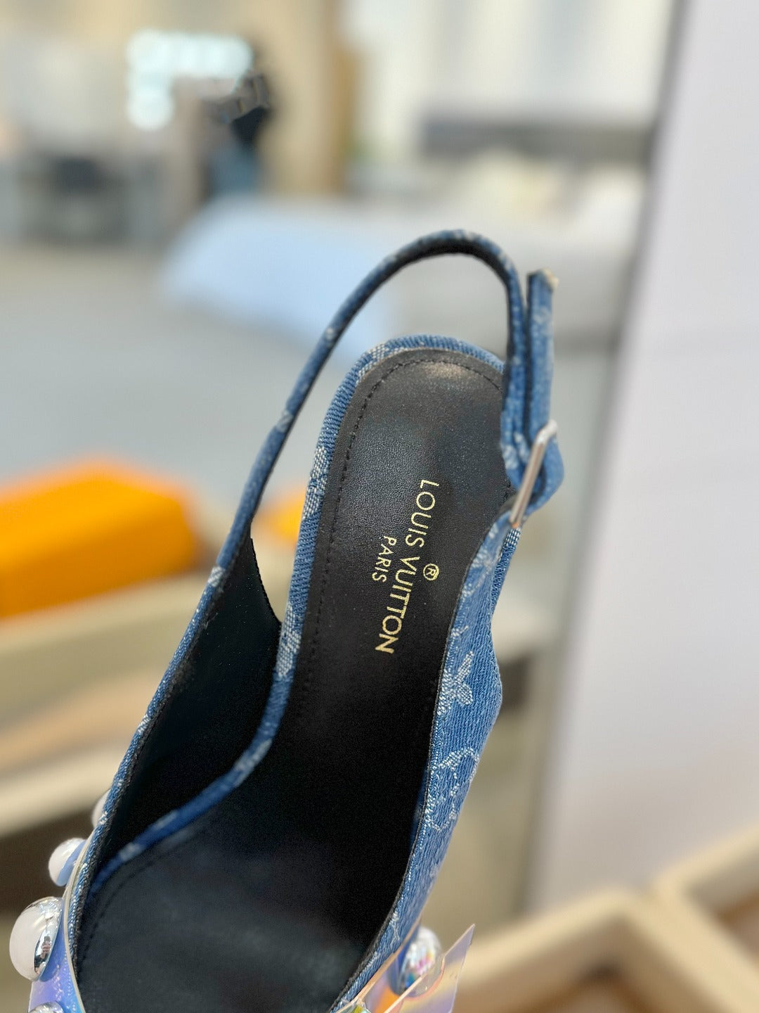 LOUIS VUITTON HIGH HEELS 95 MM IN CLASSIC BLUE MONOGRAM DENIM WITH CRYSTALS