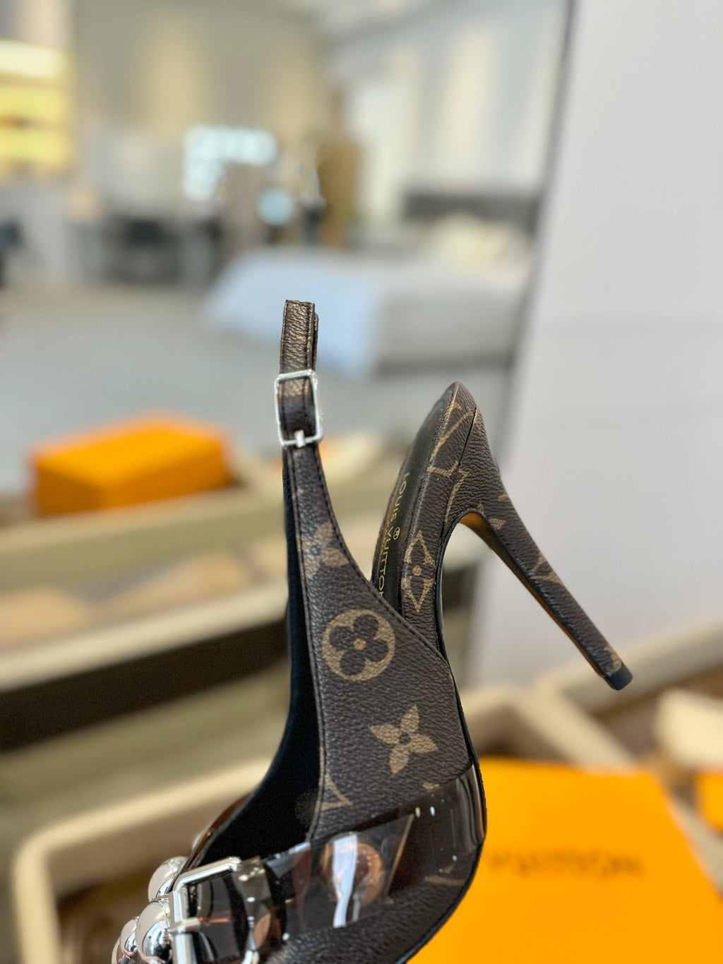 LOUIS VUITTON HIGH HEELS 95 MM IN CHOCOLATE BROWN MONOGRAM CALFSKIN WITH CRYSTALS