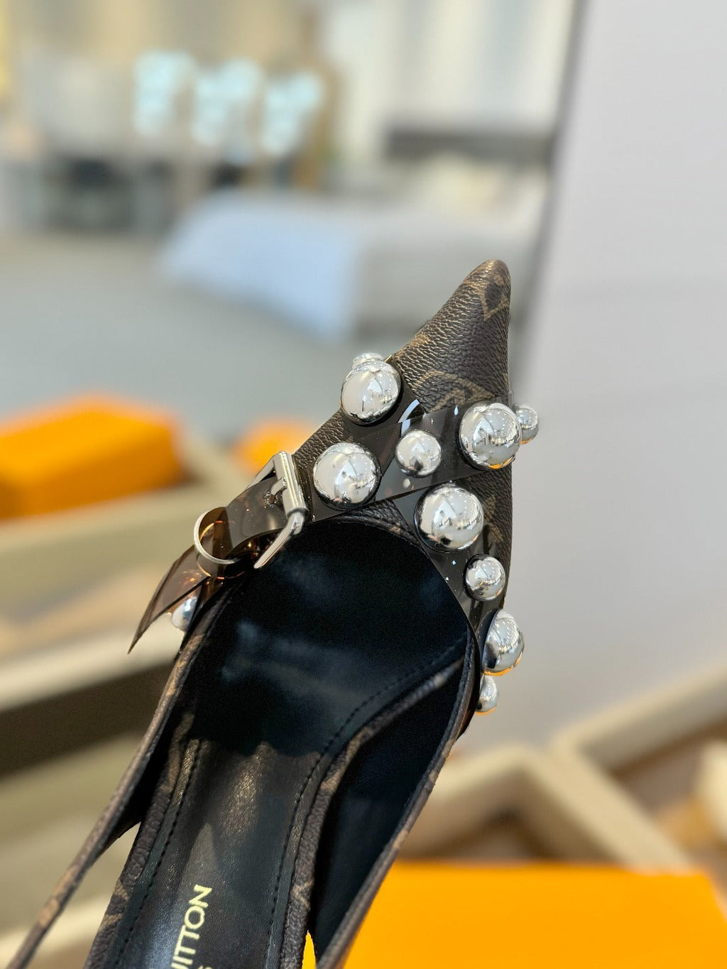 LOUIS VUITTON HIGH HEELS 95 MM IN CHOCOLATE BROWN MONOGRAM CALFSKIN WITH CRYSTALS