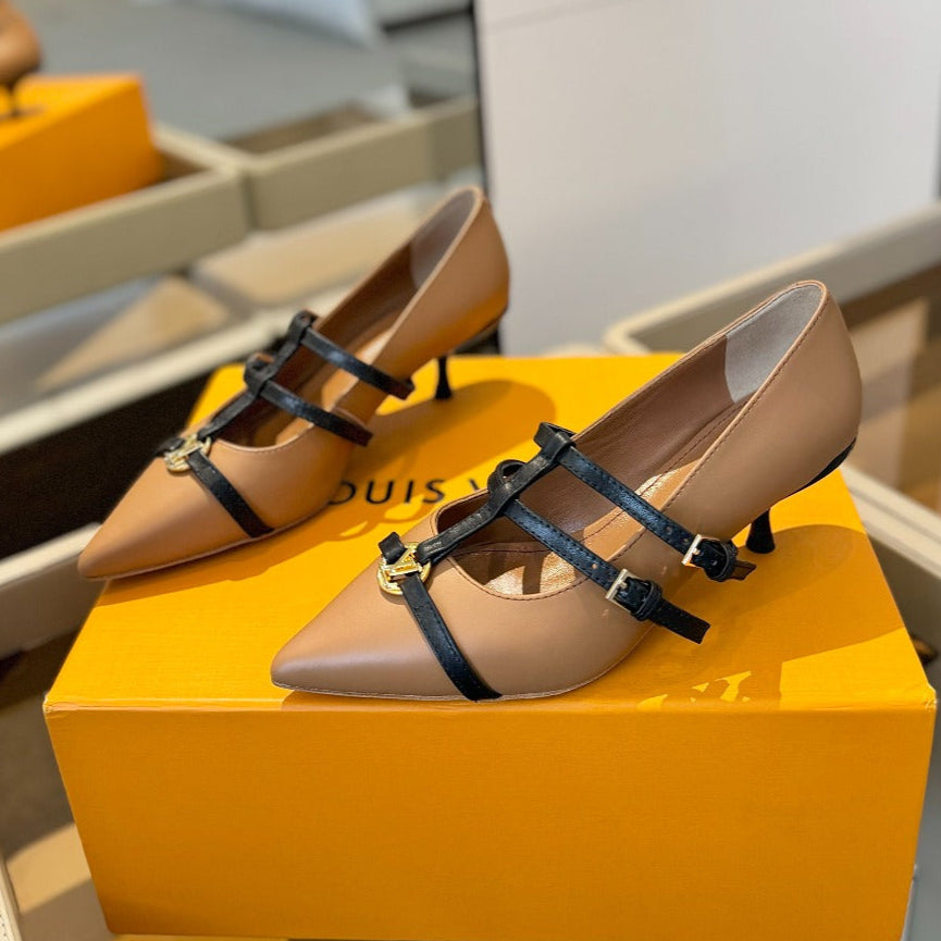 LOUIS VUITTON HIGH PUMP 5 CM TRIPLE-STRAP IN CIDER BROWN CALFSKIN WITH BLACK STRAP