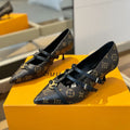 LOUIS VUITTON HIGH PUMP 5 CM TRIPLE-STRAP IN CHOCOLATE BROWN MONOGRAM CALFSKIN WITH BLACK STRAP