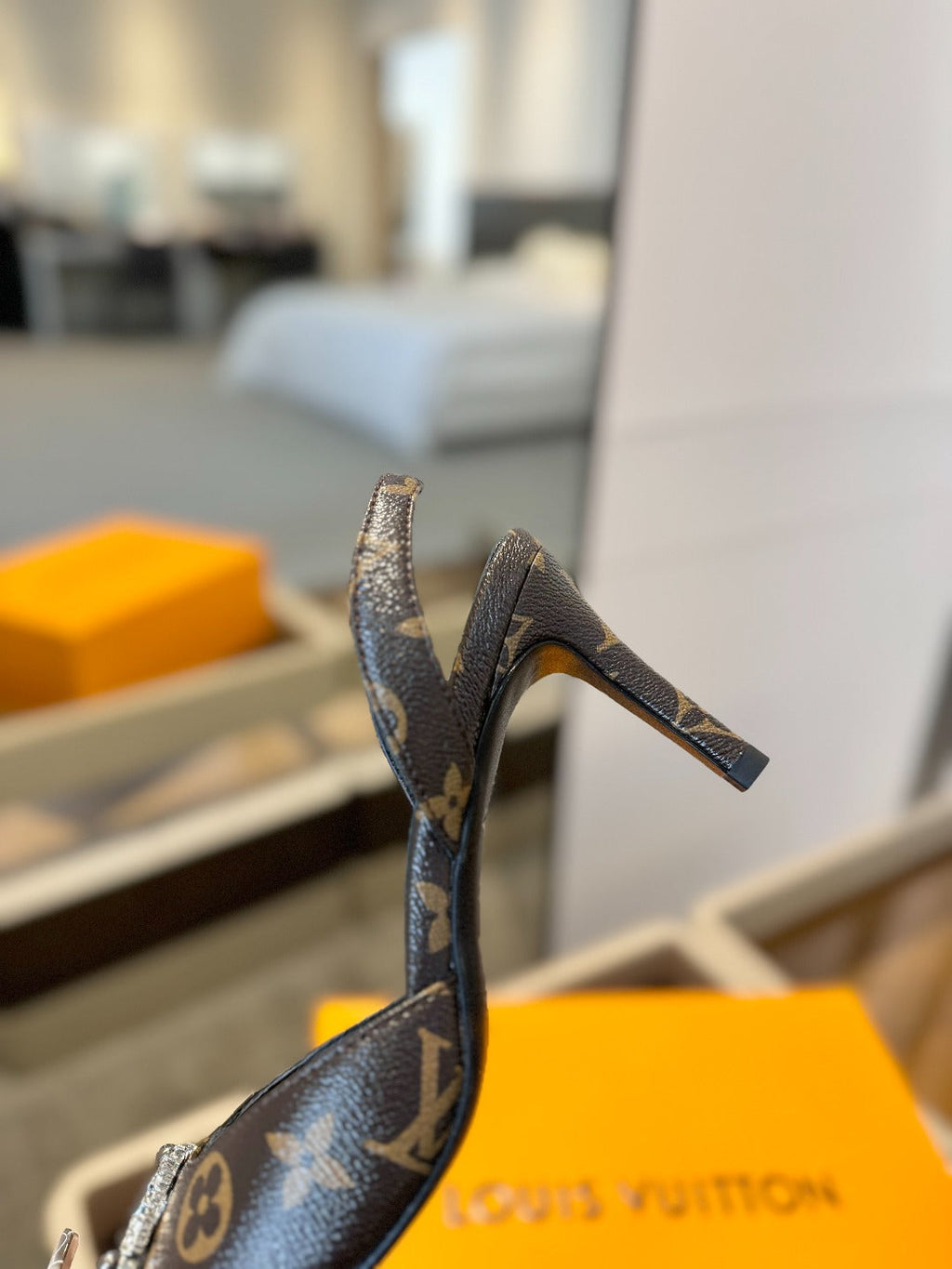 LOUIS VUITTON HIGH HEEL 75 MM SLINGBACK IN CHOCOLATE BROWN MONOGRAM CALFSKIN WITH CRYSTAL