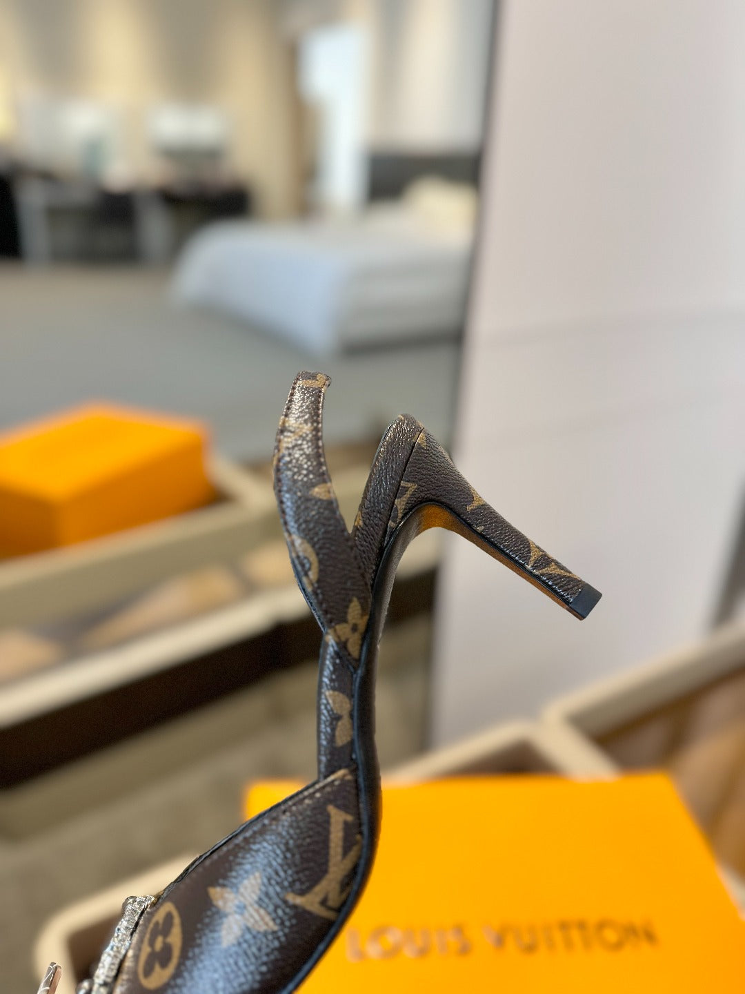 LOUIS VUITTON HIGH HEEL 75 MM SLINGBACK IN CHOCOLATE BROWN MONOGRAM CALFSKIN WITH CRYSTAL