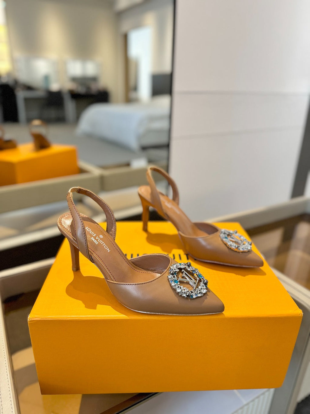 LOUIS VUITTON HIGH HEEL 75 MM SLINGBACK IN BRONZE BROWN CALFSKIN WITH CRYSTAL