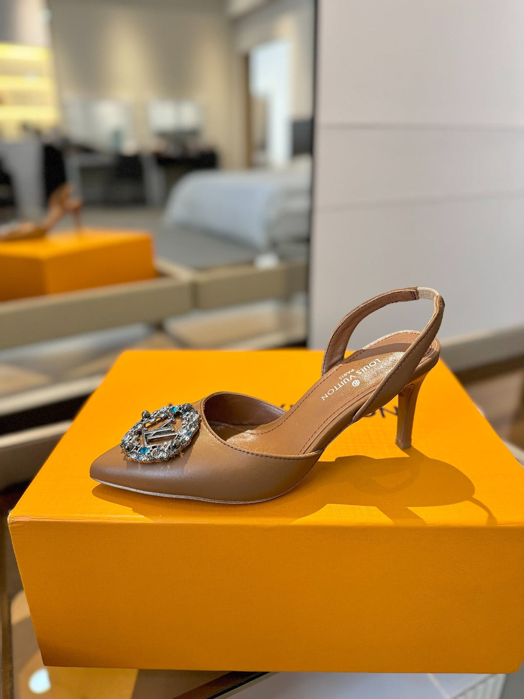 LOUIS VUITTON HIGH HEEL 75 MM SLINGBACK IN BRONZE BROWN CALFSKIN WITH CRYSTAL