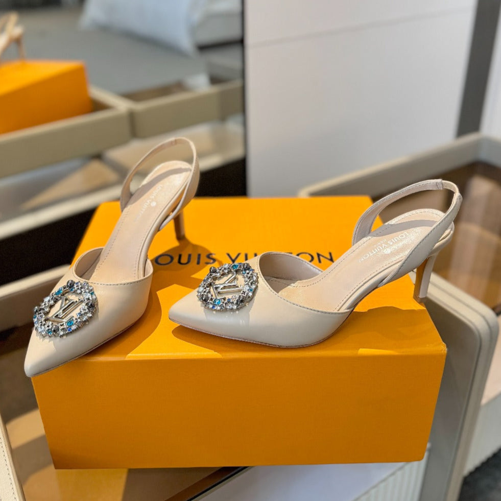 LOUIS VUITTON HIGH HEEL 75 MM SLINGBACK IN NUDE BEIGE CALFSKIN WITH CRYSTAL